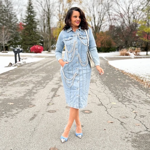 Denim Button-Front Midi Dress with Pearl Chain Detail - Light Blue - Picture 2 of 8